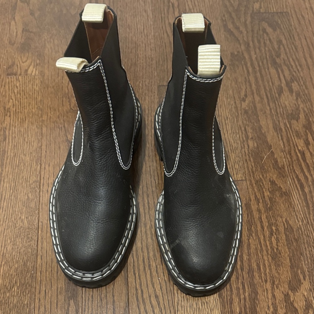 Proenza Schouler Black Leather Ankle Boots with White Stitching